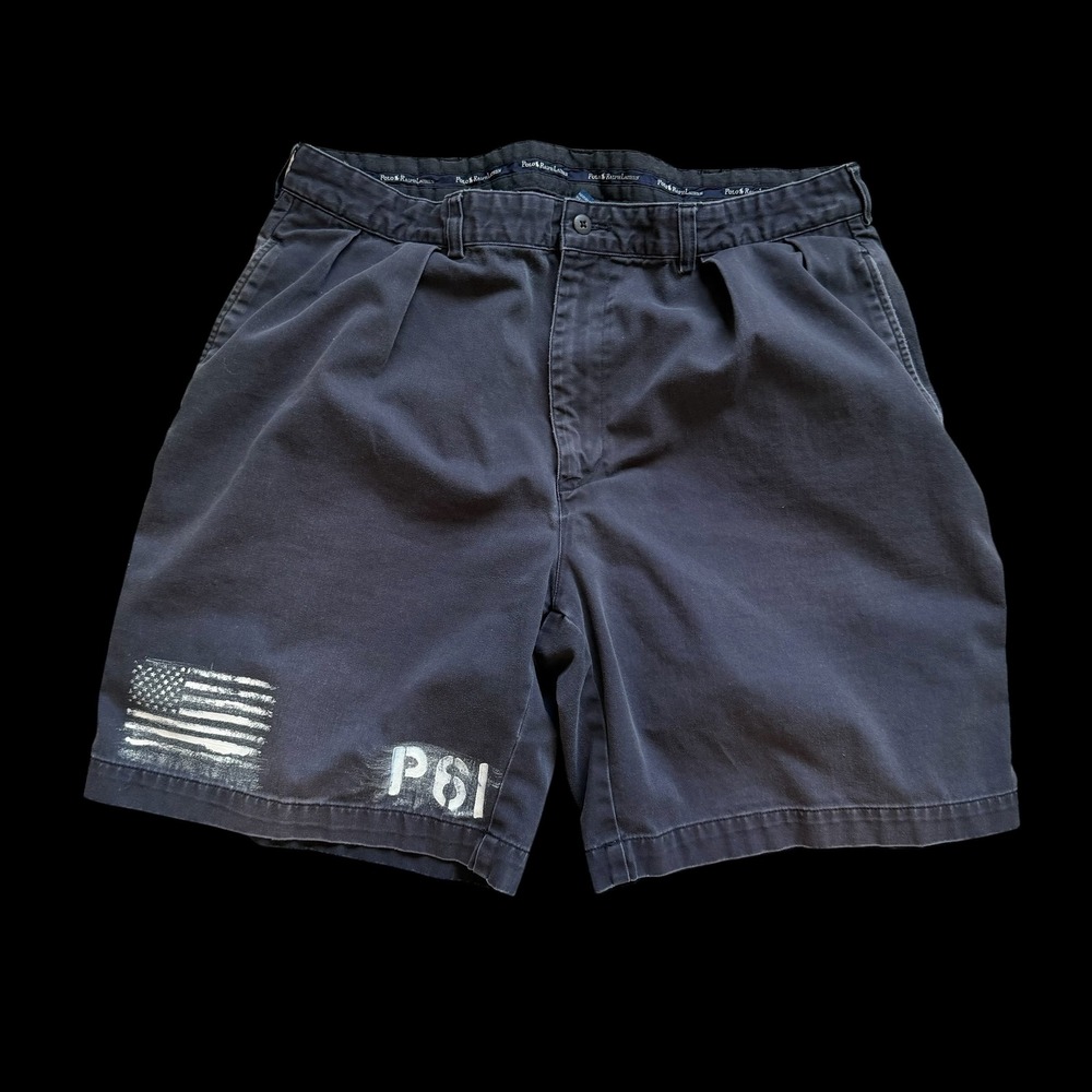 90's Polo Ralph Lauren Navy Blue Flag P67 Chino‎ Shorts Pleated Sz 38